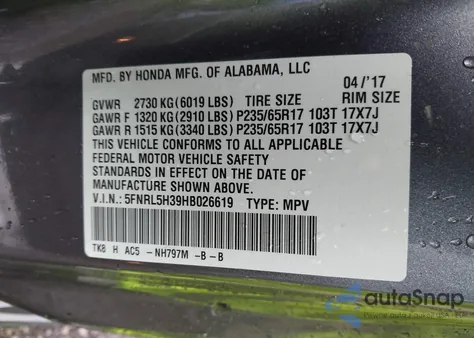 2017 Honda Odyssey Se z USA, uszkodzony, nr VIN 5FNRL5H39HB026619